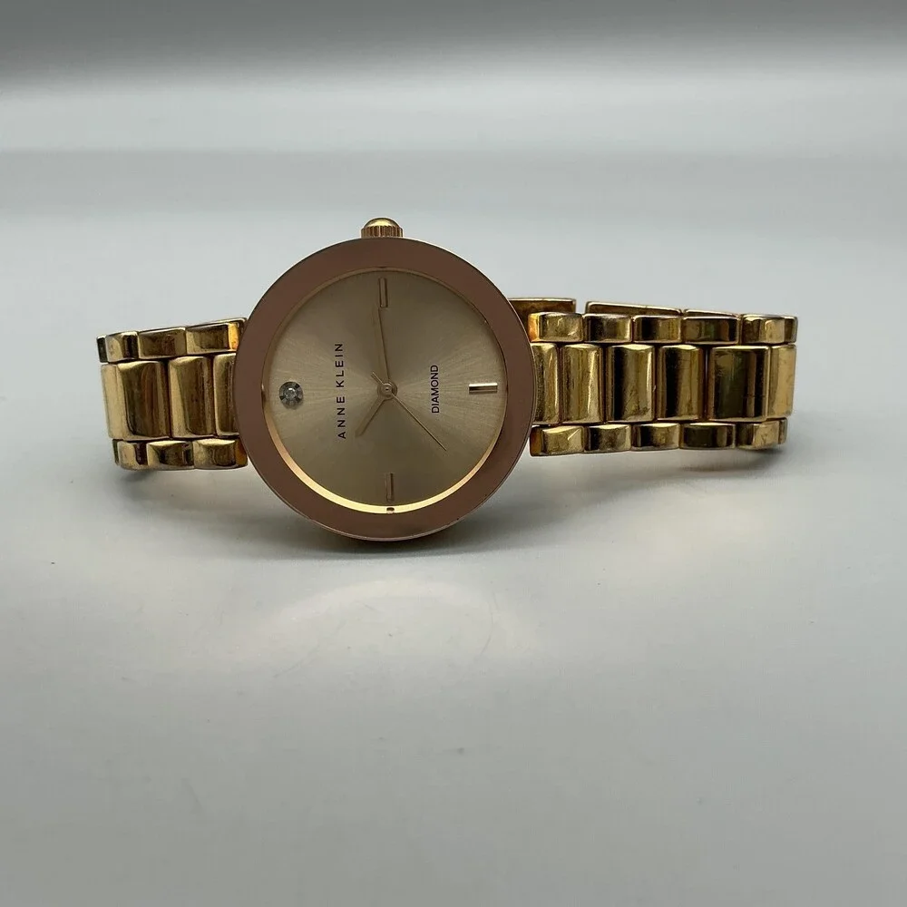Anne Klein Womens Watch 32mm Champagne Dial Gold Tone Diamond New Battery 7.25